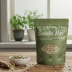 YouGrow Super Seeds Mix packaging on a wooden surface with seeds and a bowl.