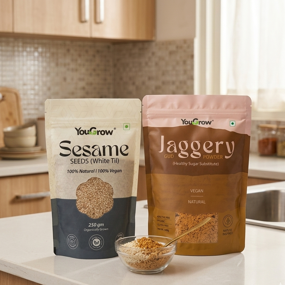 Two YouGrow packages, one for Sesame Seeds and the other for Jaggery, on a kitchen counter.