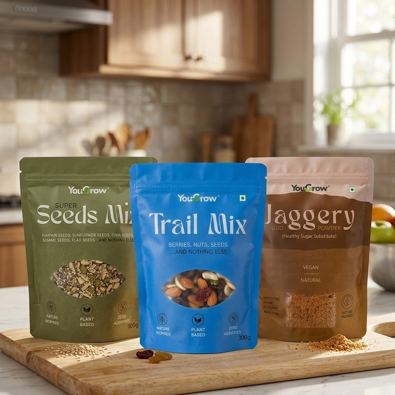 3 YOUGROW PRODUCTS ON KITCHEN TOP