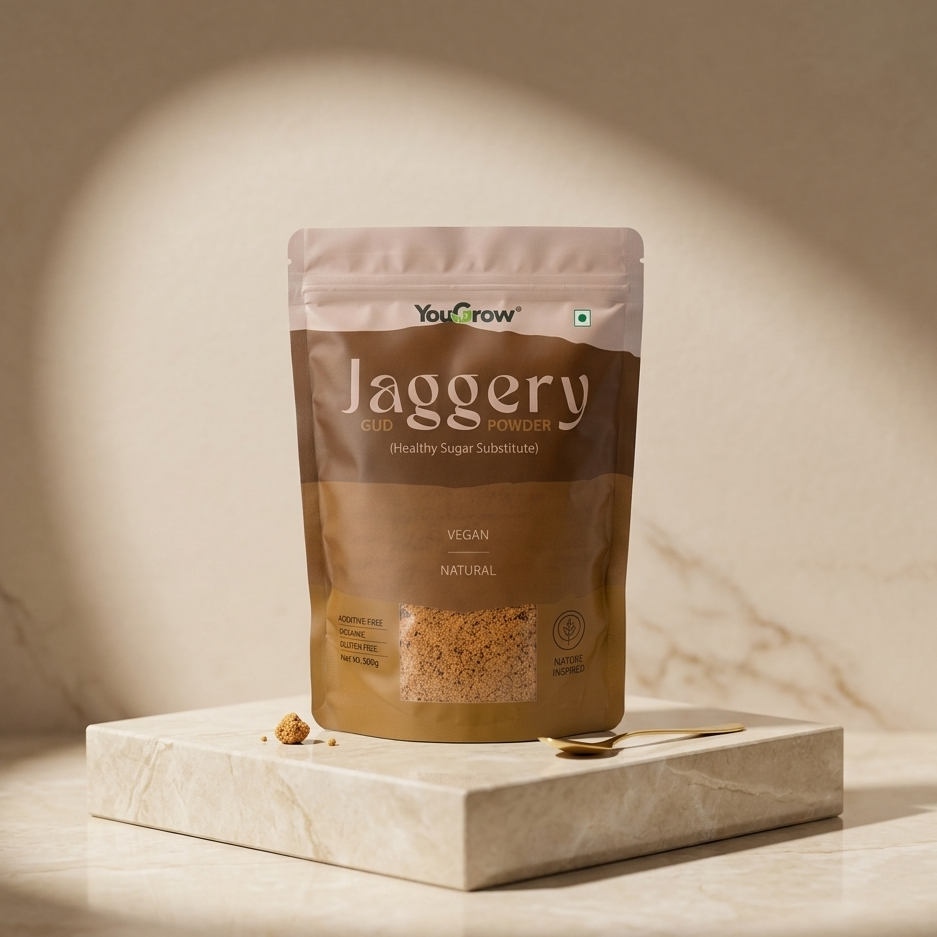 Bag of YouGrow jaggery on a marble surface with a soft light background