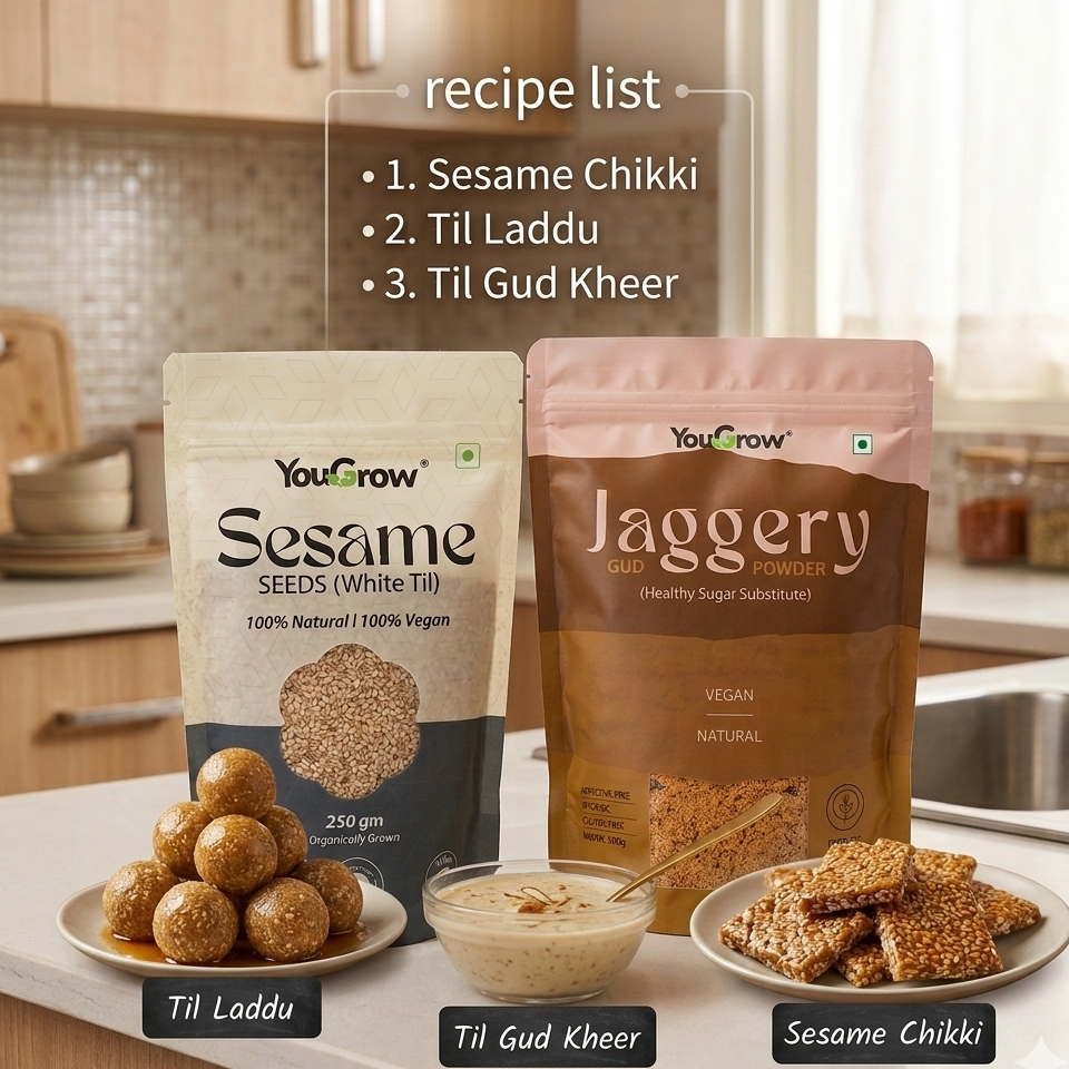 Two YouGrow branded packages on a kitchen counter with recipes displayed.