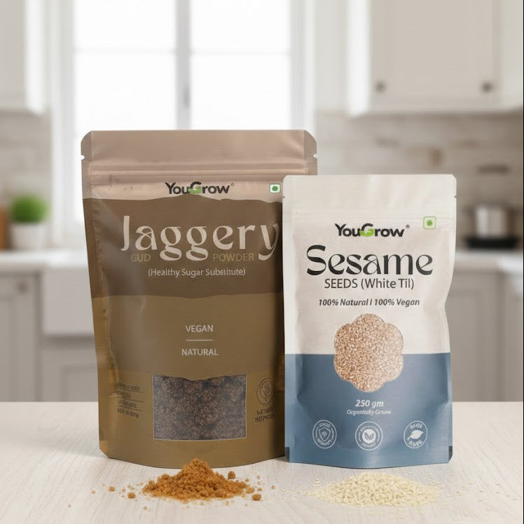 Two packages of YouGrow products, jaggery and sesame seeds, on a kitchen counter.