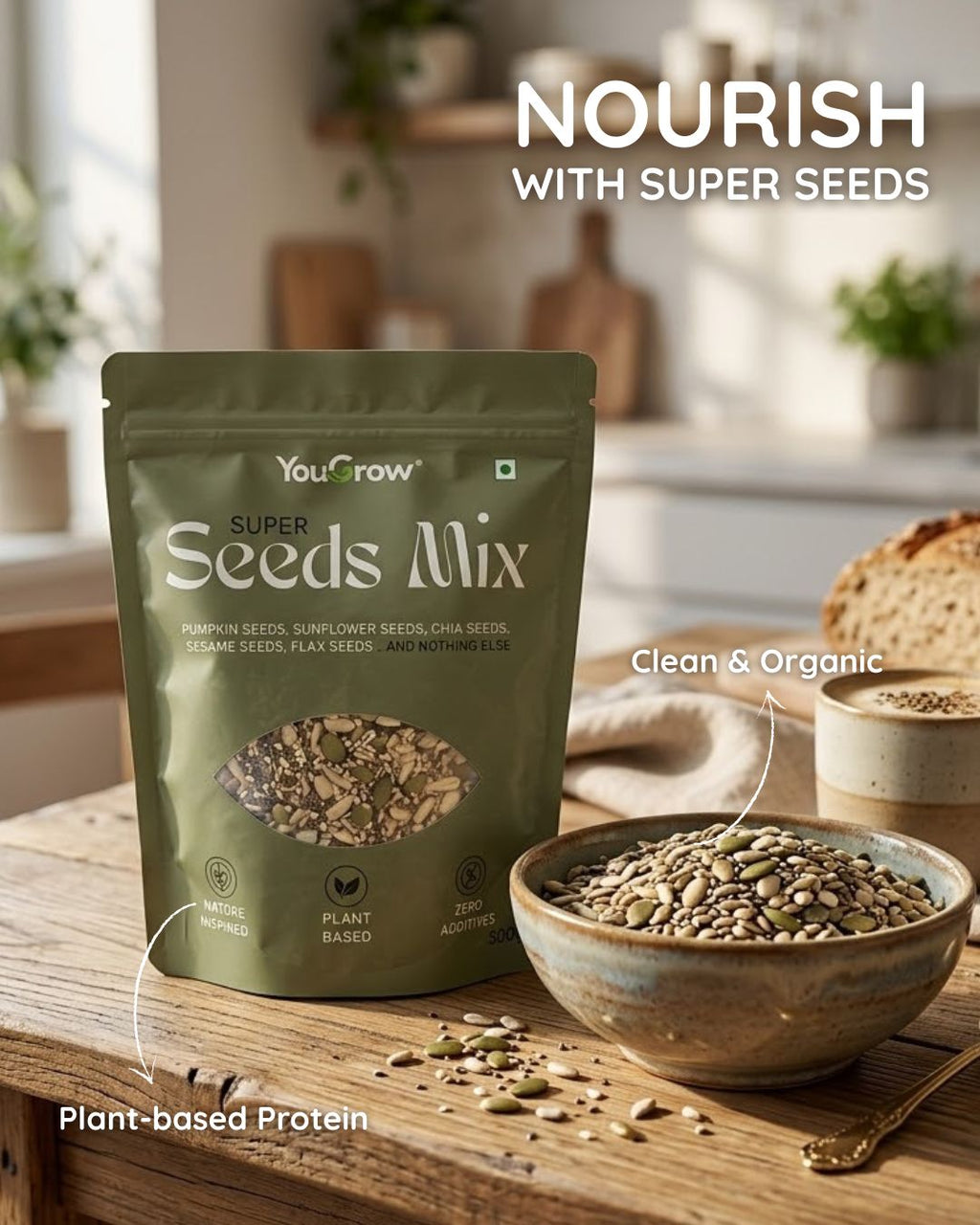 YouGrow Super Seeds Mix packaging with a bowl of seeds on a wooden table.