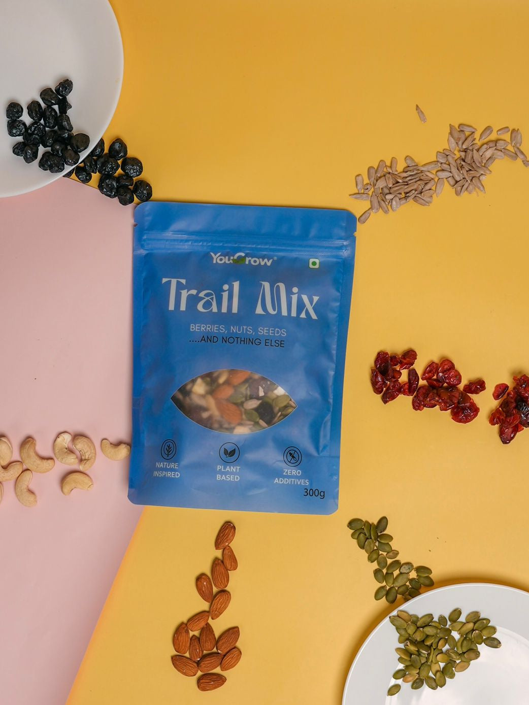 Blue packet of trail mix surrounded by nuts and seeds on a colorful background